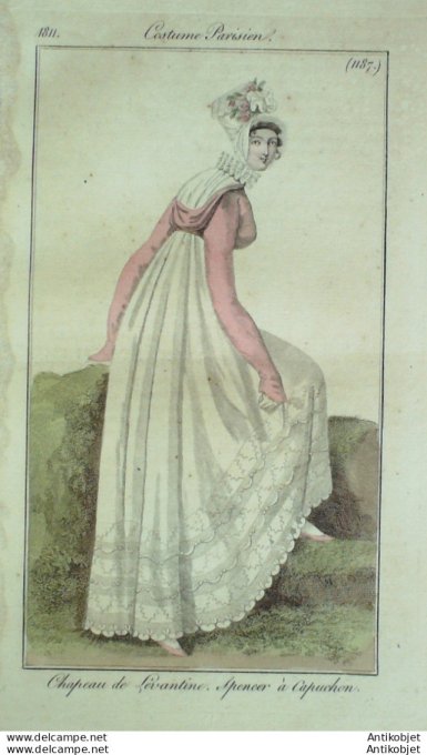 Gravure de mode Costume Parisien 1811 n°1187 Spencer à Capuchon