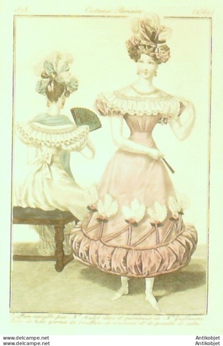 Gravure de mode Costume Parisien 1828 n°2569 Robe de tulle garnie de bouffans