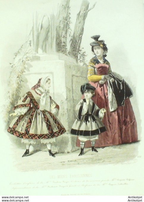 Gravure Les Modes Parisiennes 1859 # 836 Costumes enfants Maison Royéo
