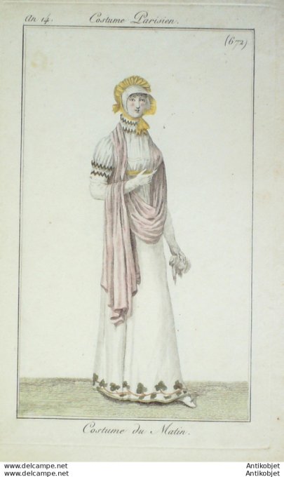 Gravure de mode Costume Parisien 1805 n° 672 (An 14) Costume du matin