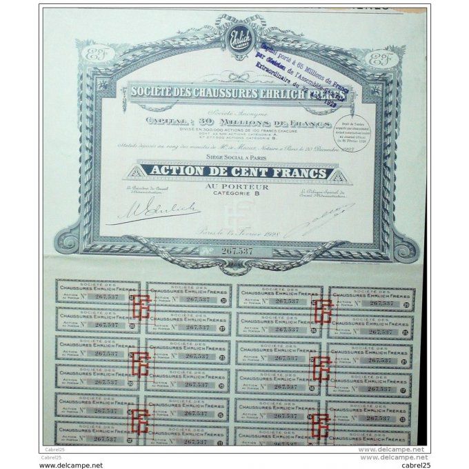 SOCIETE des CHAUSSURES EHRLICH FRERES-MEAUX (77)-ACTION-100 FR-1924