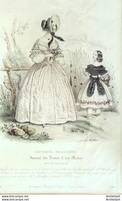 Gravure de mode Costume Parisien 1838 n°3569 Robe de Jaconas imprimée