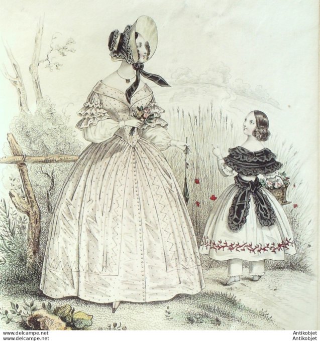 Gravure de mode Costume Parisien 1838 n°3569 Robe de Jaconas imprimée
