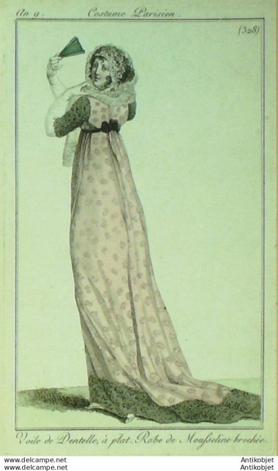 Gravure de mode Costume Parisien 1801 n° 328 (An 9) Robe mousseline brodée