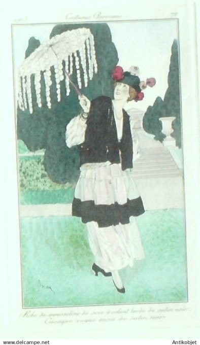 Gravure Costume Parisien 1913 # 72 Drian Adrien Etienne (eau forte) Robe mousseline