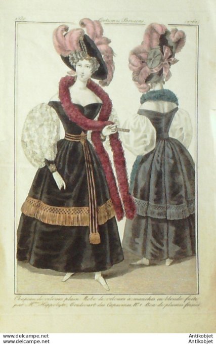 Gravure de mode Costume Parisien 1830 n°2762 Robe velours manches en blonde