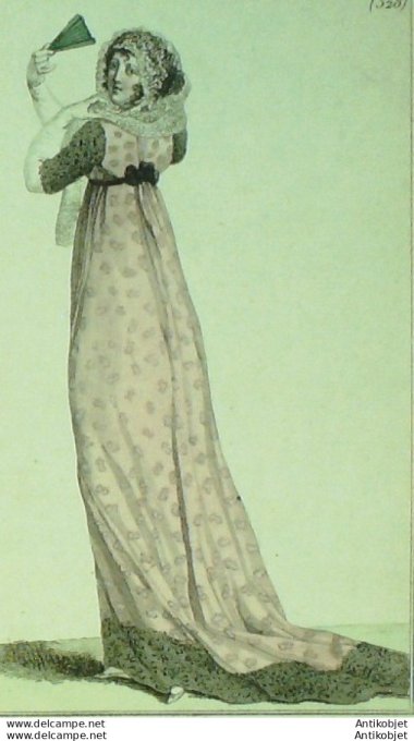 Gravure de mode Costume Parisien 1801 n° 328 (An 9) Robe mousseline brodée