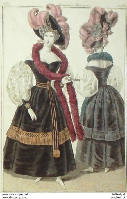 Gravure de mode Costume Parisien 1830 n°2762 Robe velours manches en blonde