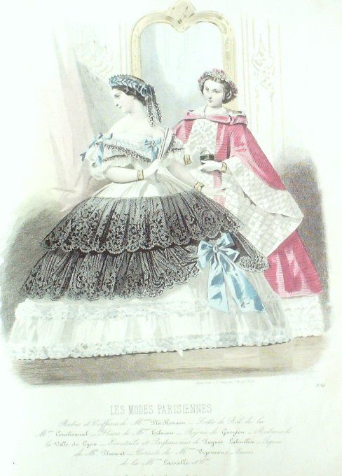 Gravure Les Modes Parisiennes 1861 # 936 Robes de bal Maison Couchonnal