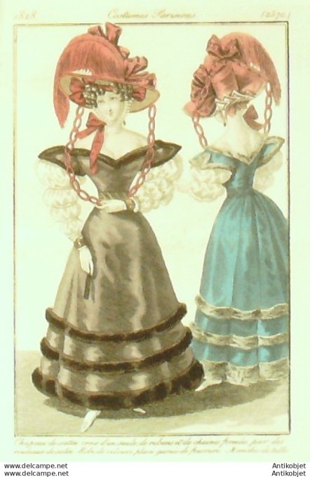 Gravure de mode Costume Parisien 1828 n°2570 Robe velours garnie de fourrure