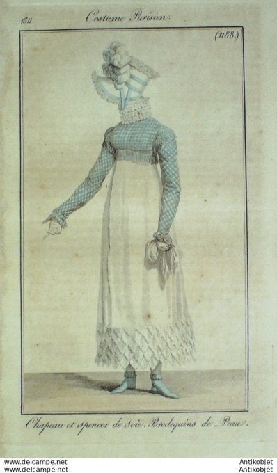 Gravure de mode Costume Parisien 1811 n°1188 Chapeau et Spencer de soie