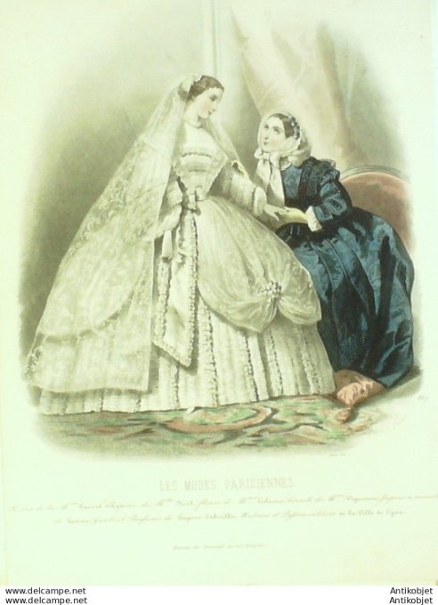 Gravure Les Modes Parisiennes 1859 # 837 Robes de Mariée Maison Fauvet