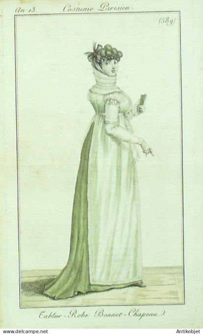 Gravure de mode Costume Parisien 1805 n° 589 (An 13) Robe bonnet tablier