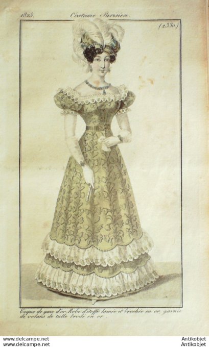 Gravure de mode Costume Parisien 1825 n°2330 Toque de gaze or Robe d'étoffe lamée