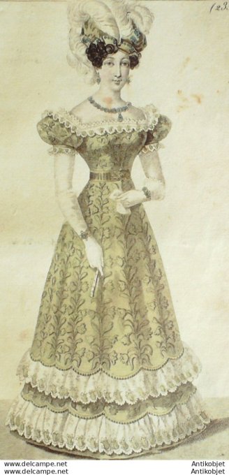 Gravure de mode Costume Parisien 1825 n°2330 Toque de gaze or Robe d'étoffe lamée