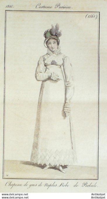 Gravure de mode Costume Parisien 1816 n°1561 Robe perkale