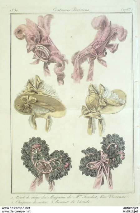 Costume Parisien 1830 # 2763 Chapeau de satin bonnet bérets