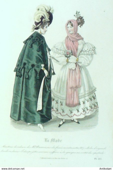 Gravure La mode 1831 n°185 Manterau de velours Robe d'organdi
