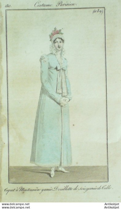 Gravure de mode Costume Parisien 1811 n°1189 Douillette de soie & tulle