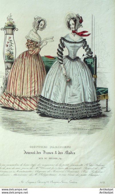 Gravure de mode Costume Parisien 1838 n°3571 Robe en mousseline de laine