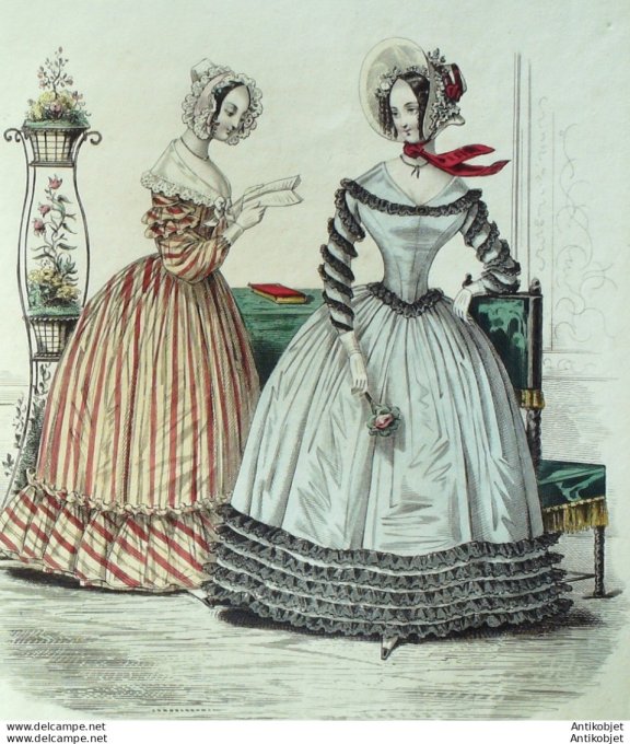 Gravure de mode Costume Parisien 1838 n°3571 Robe en mousseline de laine