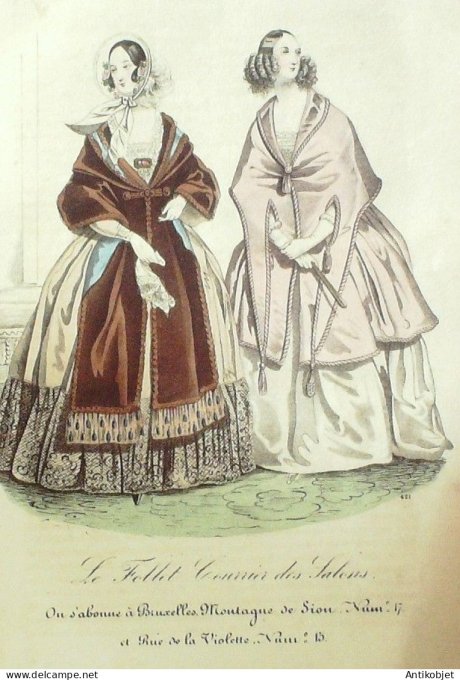Gravure Mode Le Follet 1838 # 421 (aquarelle Old Fashion plate)