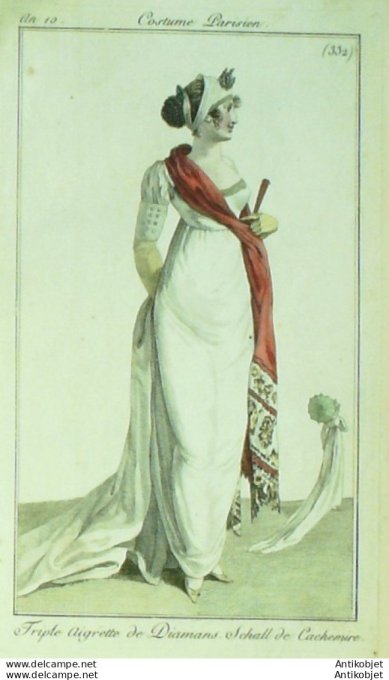 Gravure de mode Costume Parisien 1801 n° 332 (An 10) Schall de Cachemire