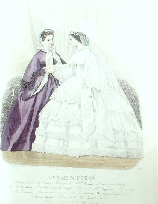Gravure Les Modes Parisiennes 1861 # 942 Robes de Mariée Maison Fauvet