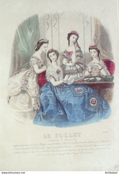 Gravure Mode Le Follet 1862 # 2352 (aquarelle Old Fashion plate)