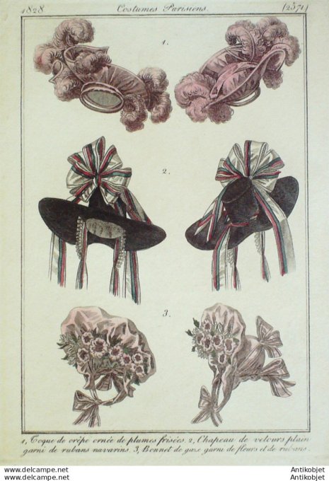 Costume Parisien 1828 # 2571 Toques de crêpe  chapeau velours