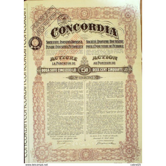 Concordia Bucarest Roumanie action 250 Lei 1923