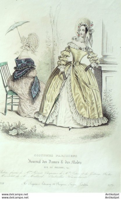 Gravure de mode Costume Parisien 1838 n°3573 Fichu & mantelet ombrelles