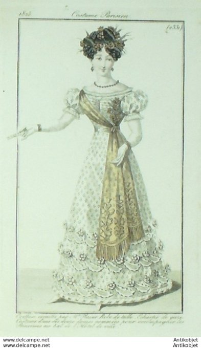 Gravure de mode Costume Parisien 1825 n°2331 Robe de tulle écharpe de gaze