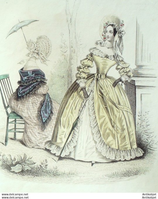 Gravure de mode Costume Parisien 1838 n°3573 Fichu & mantelet ombrelles