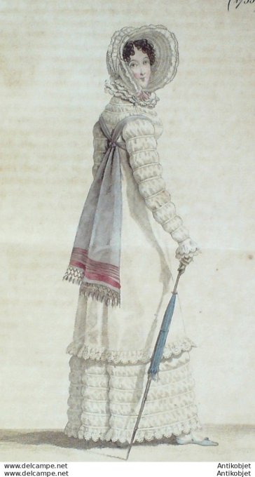 Gravure de mode Costume Parisien 1818 n°1755 Capote perkale robe mousseline