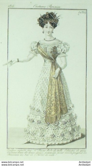 Gravure de mode Costume Parisien 1825 n°2331 Robe de tulle écharpe de gaze
