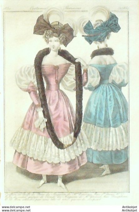 Costume Parisien 1830 # 2765 Robe de satin garnie de blonde