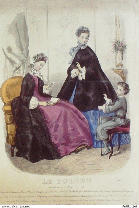 Gravure Mode Le Follet 1868 # 2981 (aquarelle Old Fashion plate)