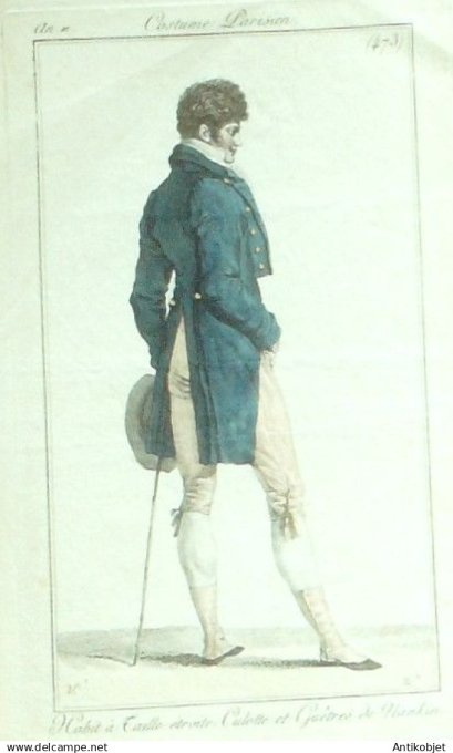Costume Parisien 1803 an 11 # 473 (eau forte) Habit homme guêtres Nankin