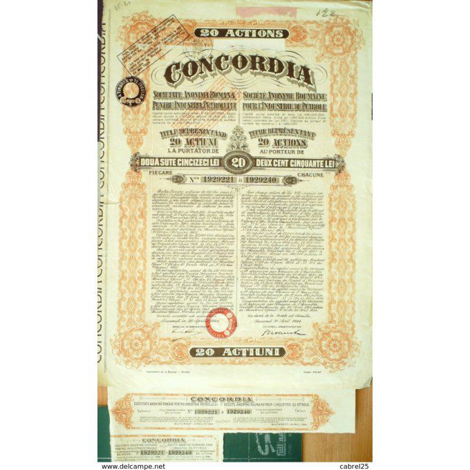 Concordia Bucarest Roumanie action 250 Lei 1924