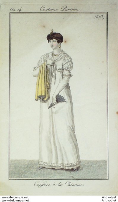 Gravure de mode Costume Parisien 1805 n° 673 (An 14) Coiffure à la chinoise