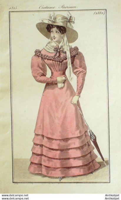 Gravure de mode Costume Parisien 1825 n°2332 Robe batiste chapeau de paille d'Italie