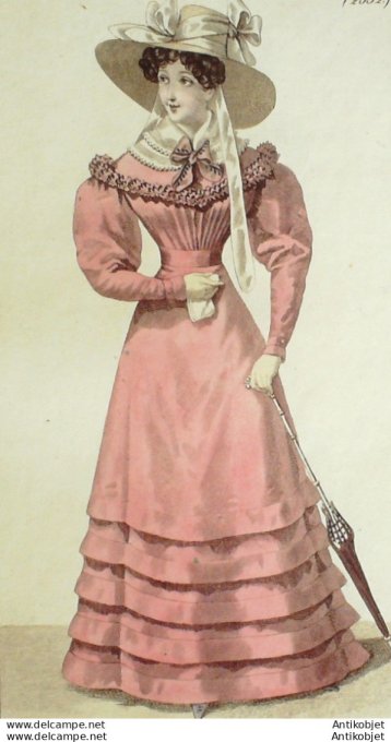 Gravure de mode Costume Parisien 1825 n°2332 Robe batiste chapeau de paille d'Italie