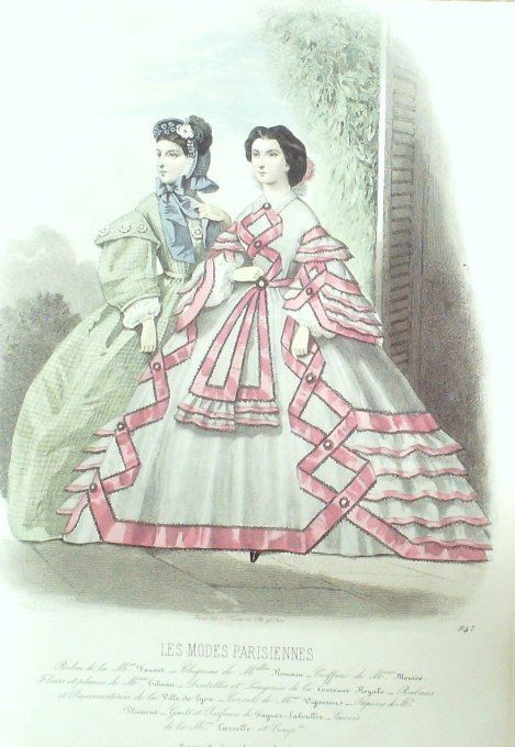 Gravure Les Modes Parisiennes 1861 # 947 Robes de lin Maison Fauvet