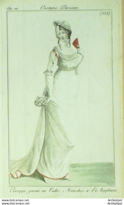 Gravure de mode Costume Parisien 1801 n° 333 (An 10) Corsage garni en Tulle