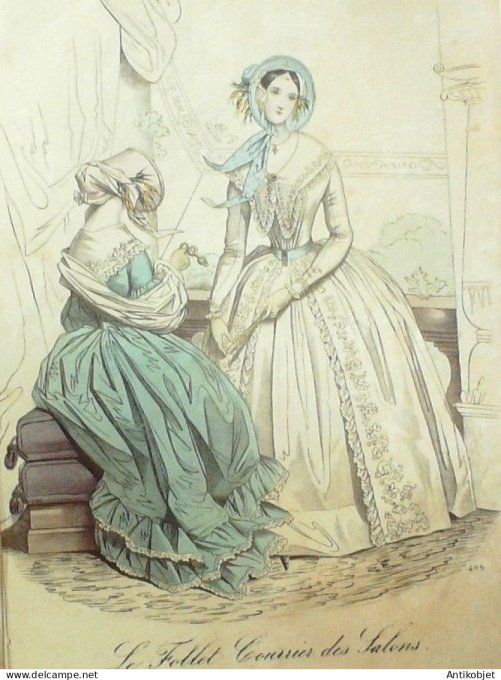 Gravure Mode Le Follet 1838 # 409 (aquarelle Old Fashion plate)