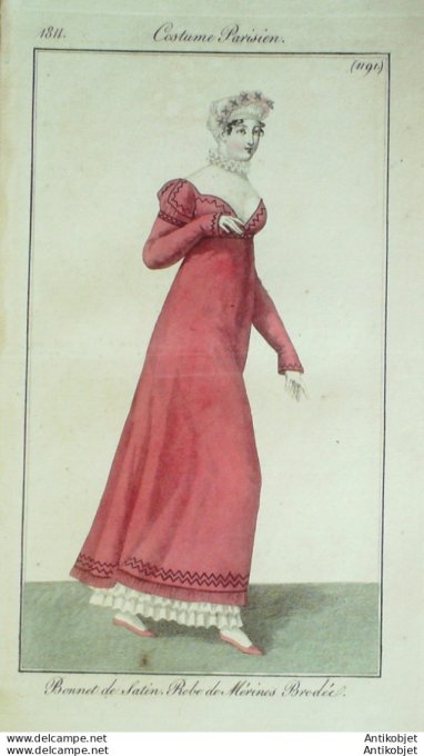 Gravure de mode Costume Parisien 1811 n°1191 Robe de Mérinos brodée