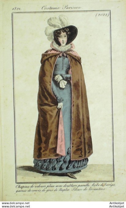 Gravure de mode Costume Parisien 1821 n°2022 Pelisse Lévantine robe de Barèges