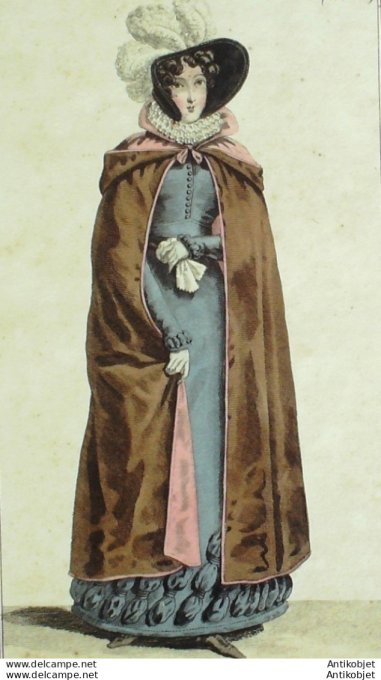 Gravure de mode Costume Parisien 1821 n°2022 Pelisse Lévantine robe de Barèges