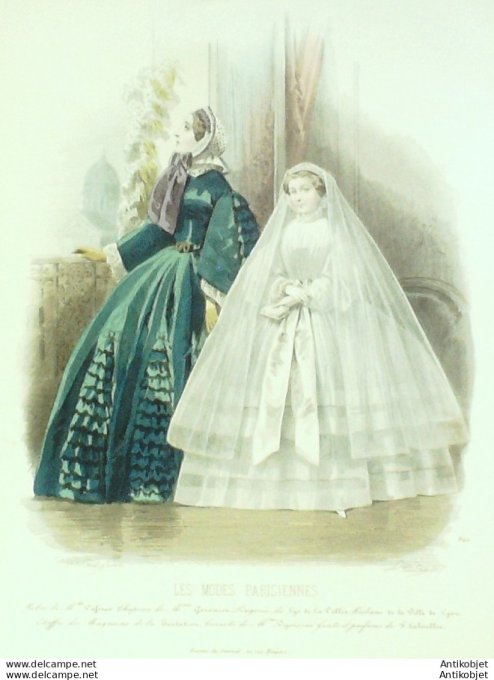 Gravure Les Modes Parisiennes 1859 # 840 Robes de Communiante Maison Vafseno